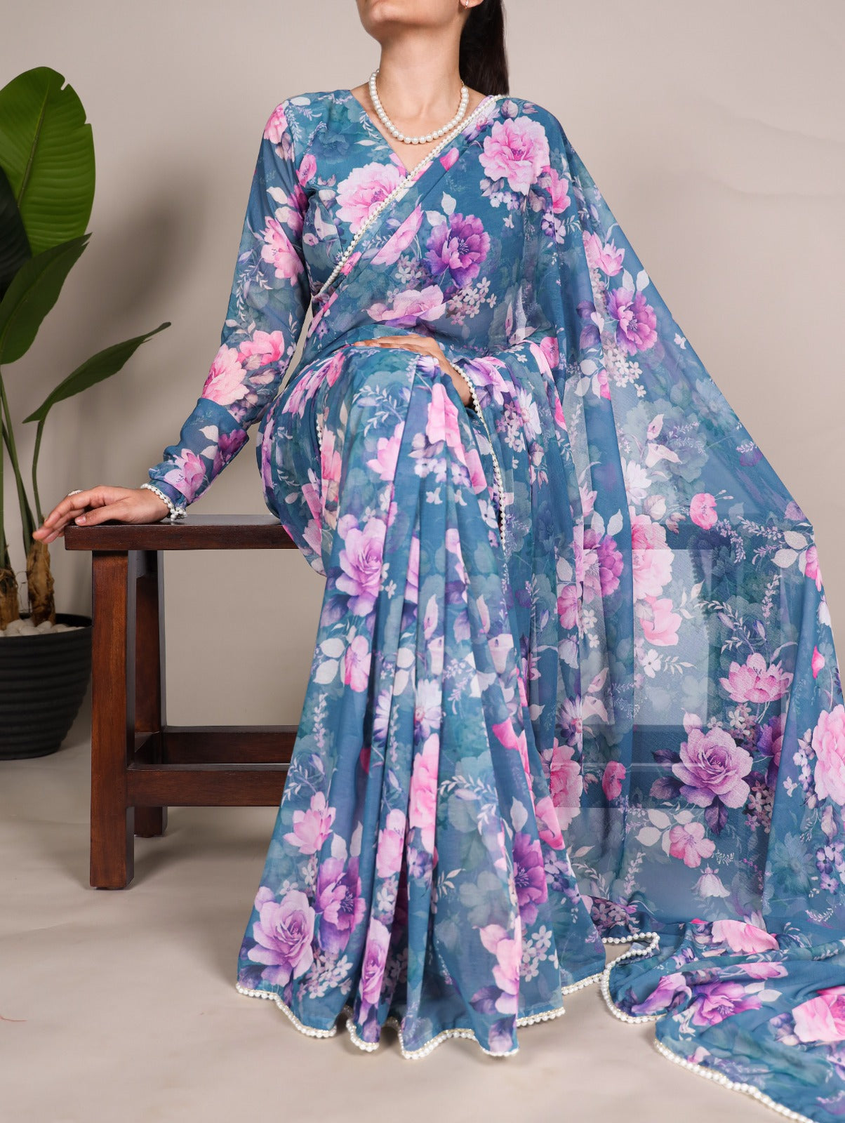 Marble Saree in Pearl and Prints