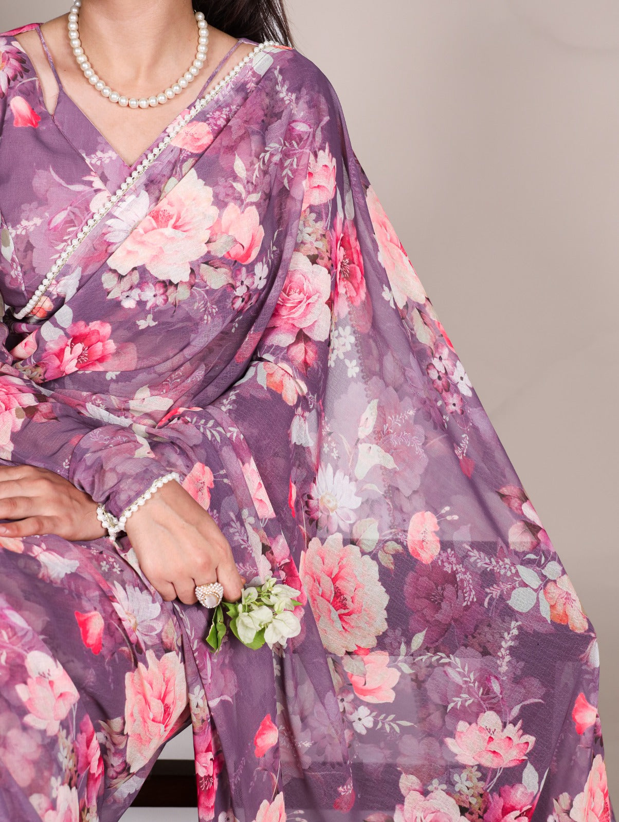 Marble Saree in Pearl and Prints