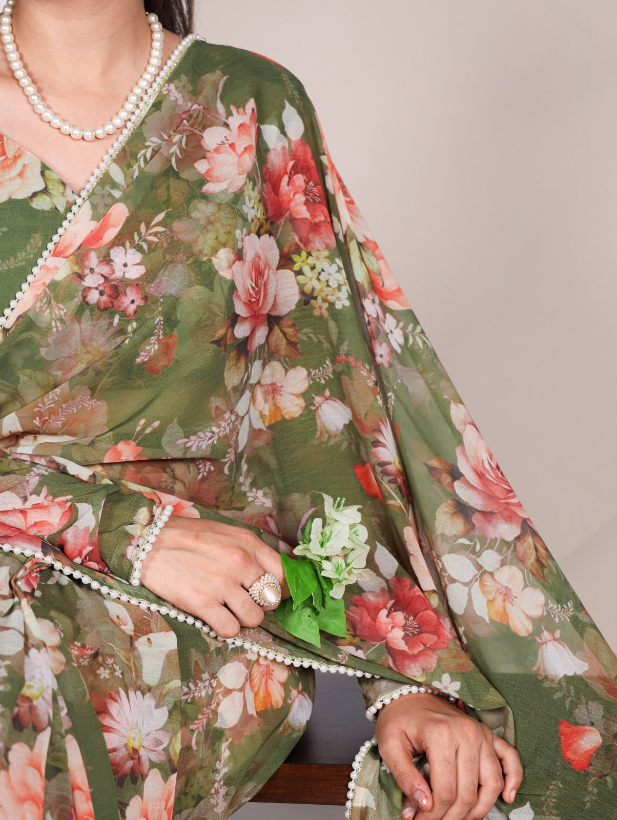 Marble Saree in Pearl and Prints