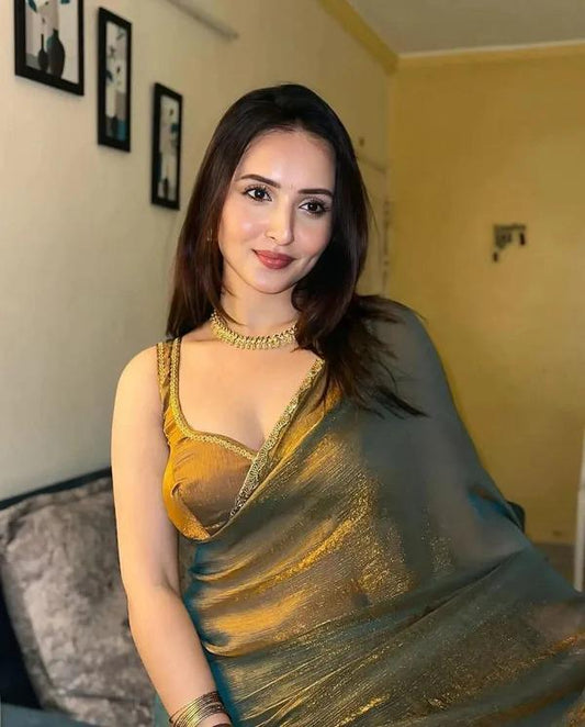 Olive Gold Organza Saree – Sheer Elegance with a Luxe Shine