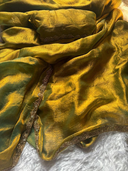 Olive Gold Organza Saree – Sheer Elegance with a Luxe Shine
