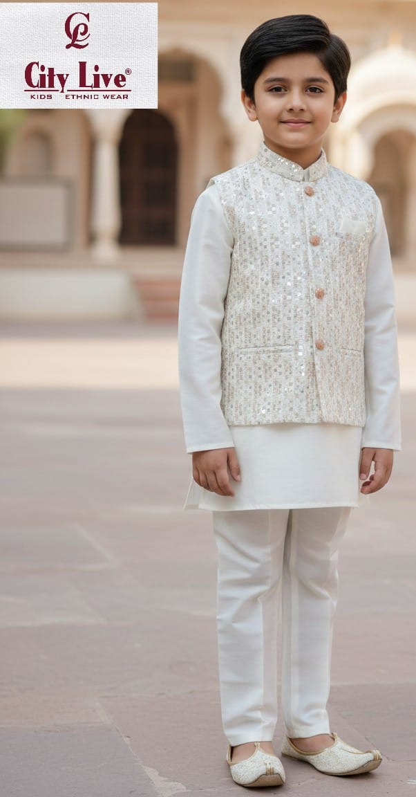 Ivory Kurta Pyjama Set with Embellished Waistcoat
