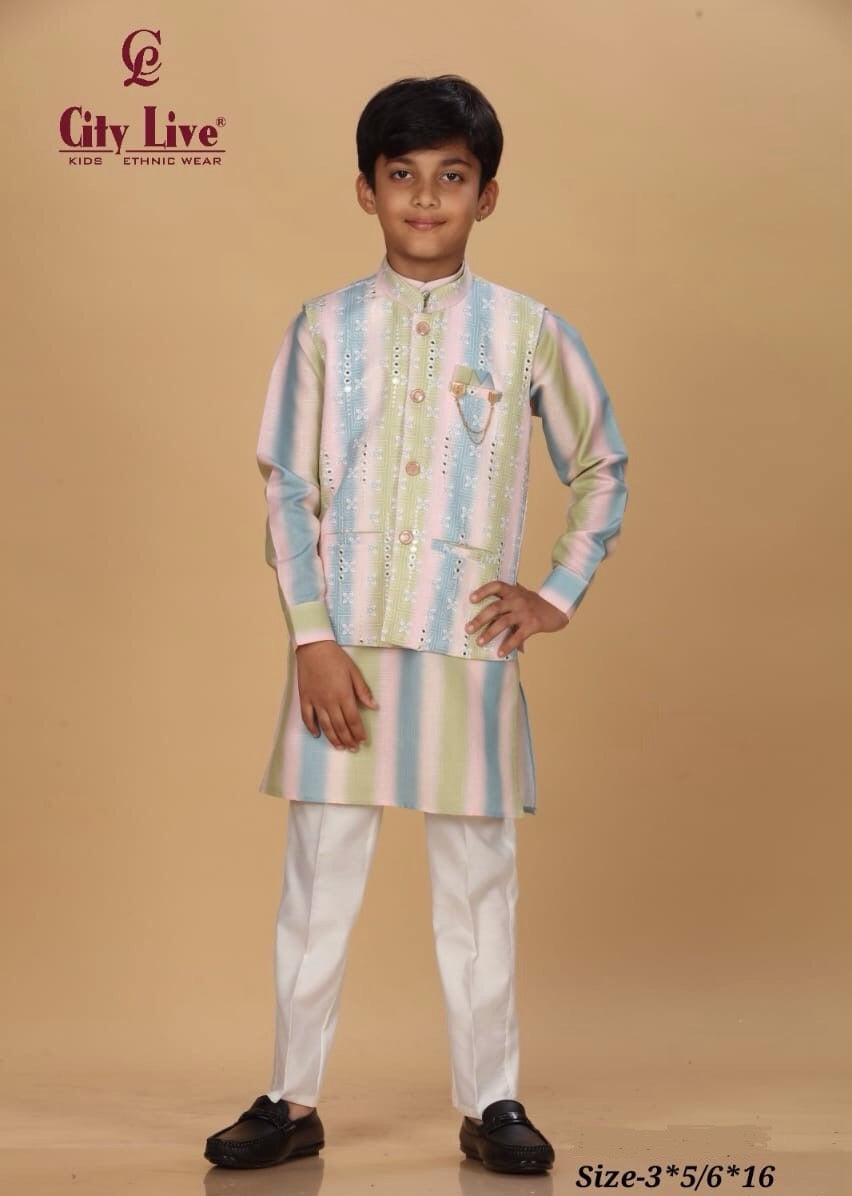 Boys Pastel Multi Kurta Set with Jacket