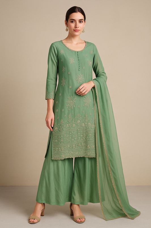 Embroidered Silk Blend Palazzo Suit – Pista Green