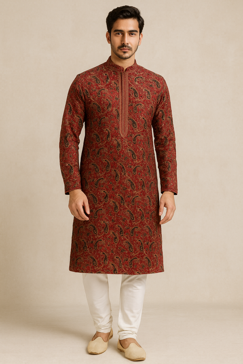 Paisley Red Silk Blend Men’s Kurta Set – Festive Collection