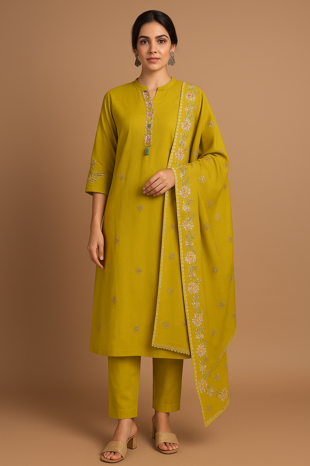 Green Pashmina Silk Straight-Cut Suit with Embroidered Dupatta