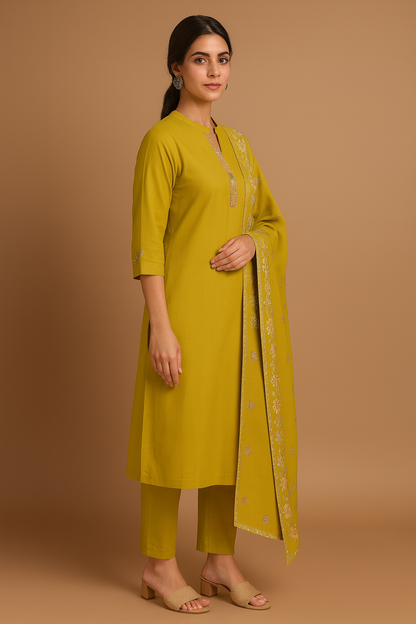 Woman wearing a yellow kurta with a matching dupatta on a brown background