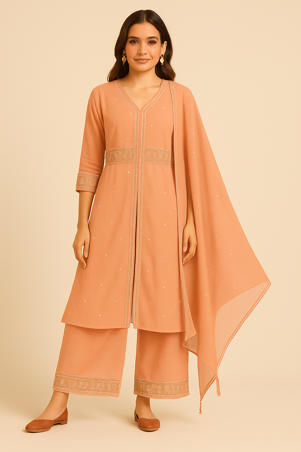 Peach Orange Embroidered Kurta Set with Dupatta