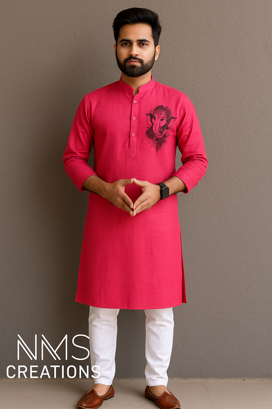 Man wearing a red kurta with white pants against a gray background, with 'NMS Creations' branding.