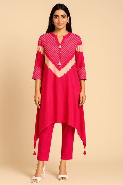 Woman wearing a pink kurta with white patterns on a beige background