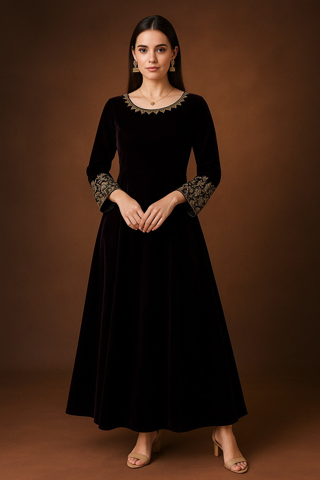 Woman wearing a black dress with gold embroidery on a brown background