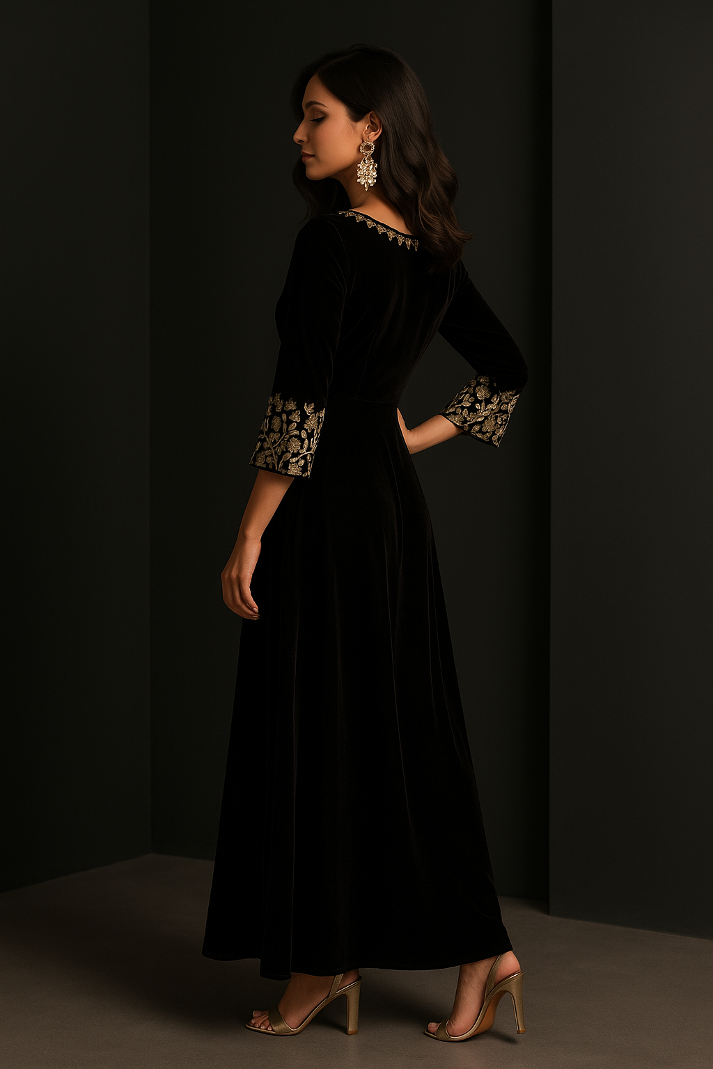 Woman wearing a black dress with floral embellishments against a dark background