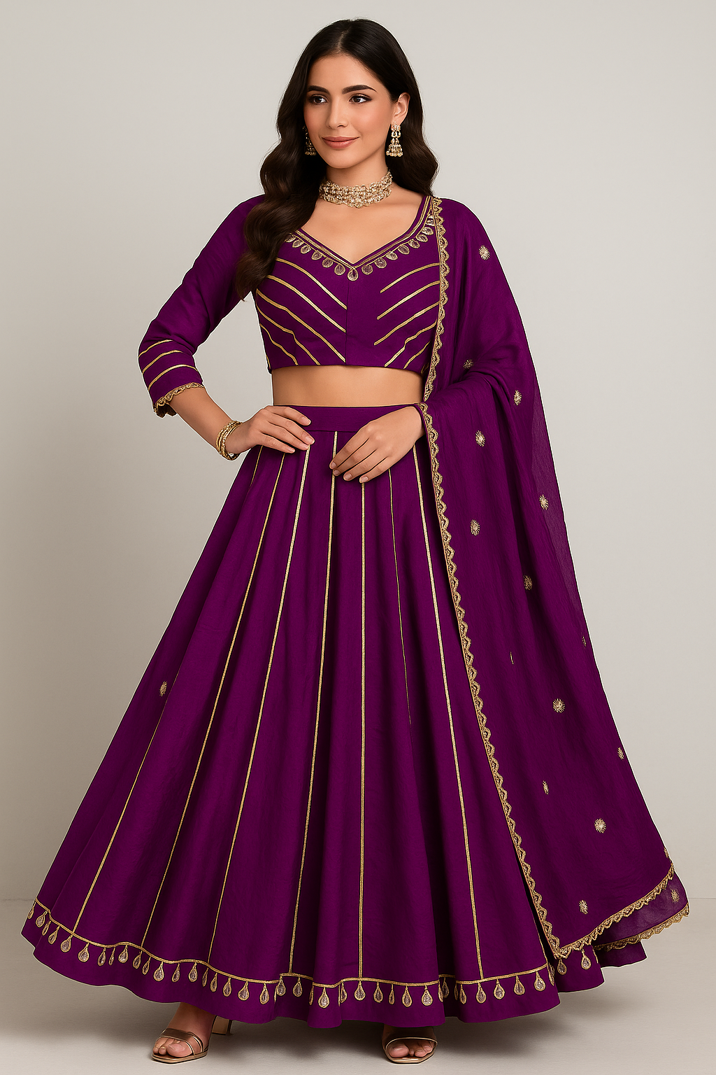 Woman wearing a purple traditional outfit with gold embroidery on a plain background