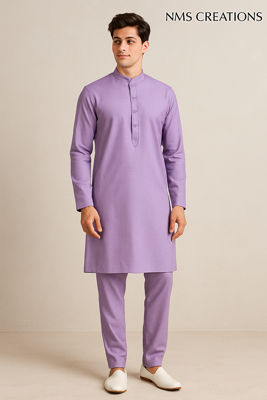 Man wearing a purple kurta with white shoes on a beige background, branded 'NMS Creations'.
