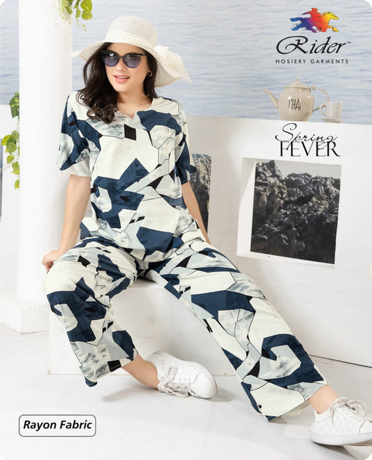 Ivory Navy Abstract Rayon Loungewear Set