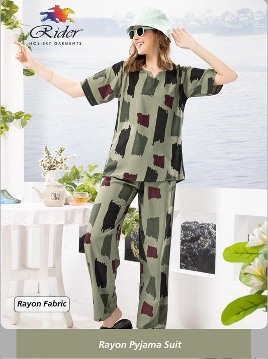 Olive Green Block Print Rayon Loungewear Set