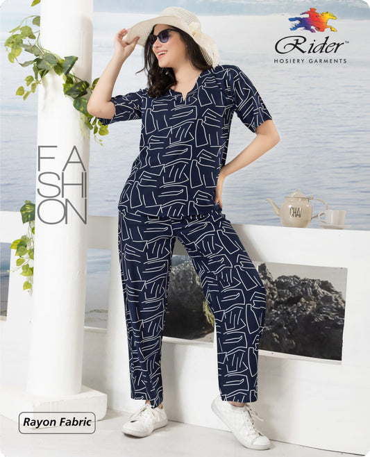 Indigo Blue Line Print Rayon Loungewear Set
