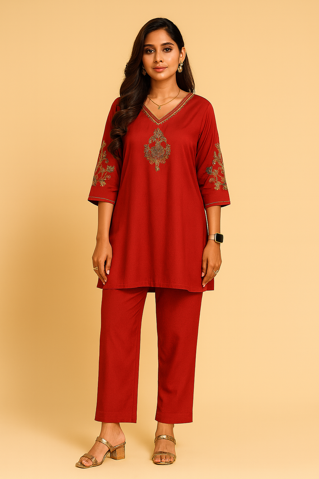 Woman wearing a red embroidered outfit on a beige background