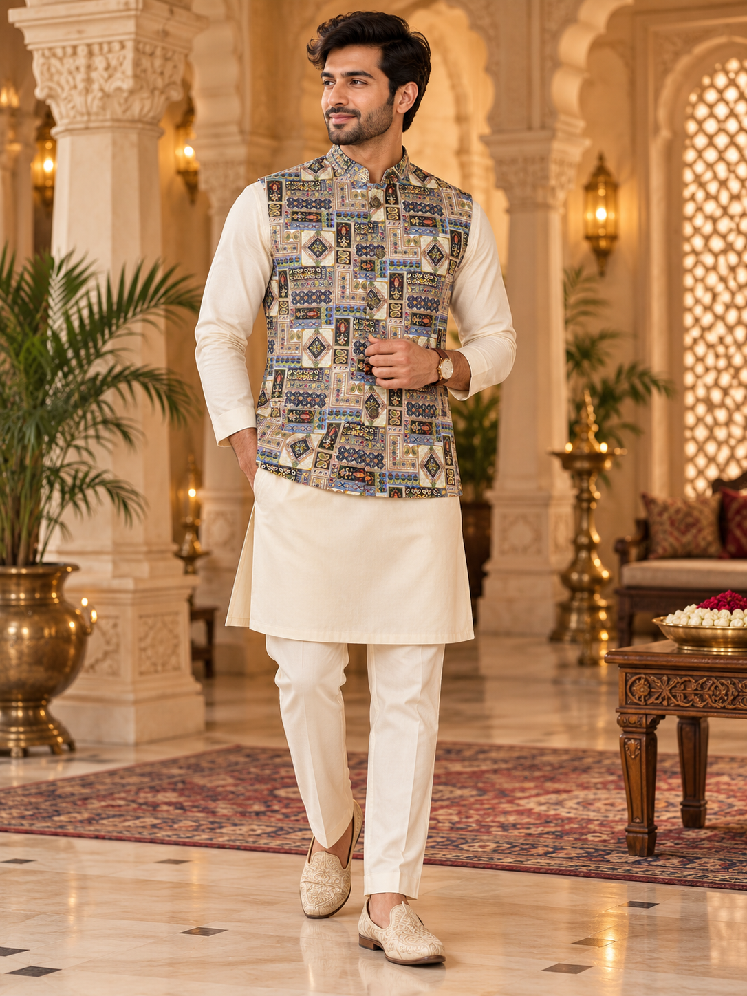 Royal Mosaic Multicolour Printed Nehru Jacket
