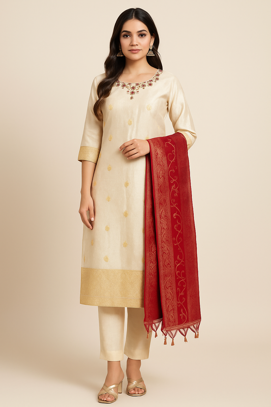 Woman wearing a cream kurta with gold details and a red dupatta on a beige background