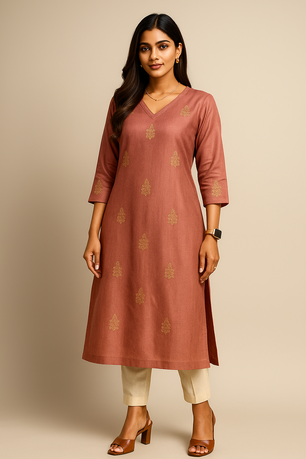 Woman wearing a brown kurta with white pants on a beige background