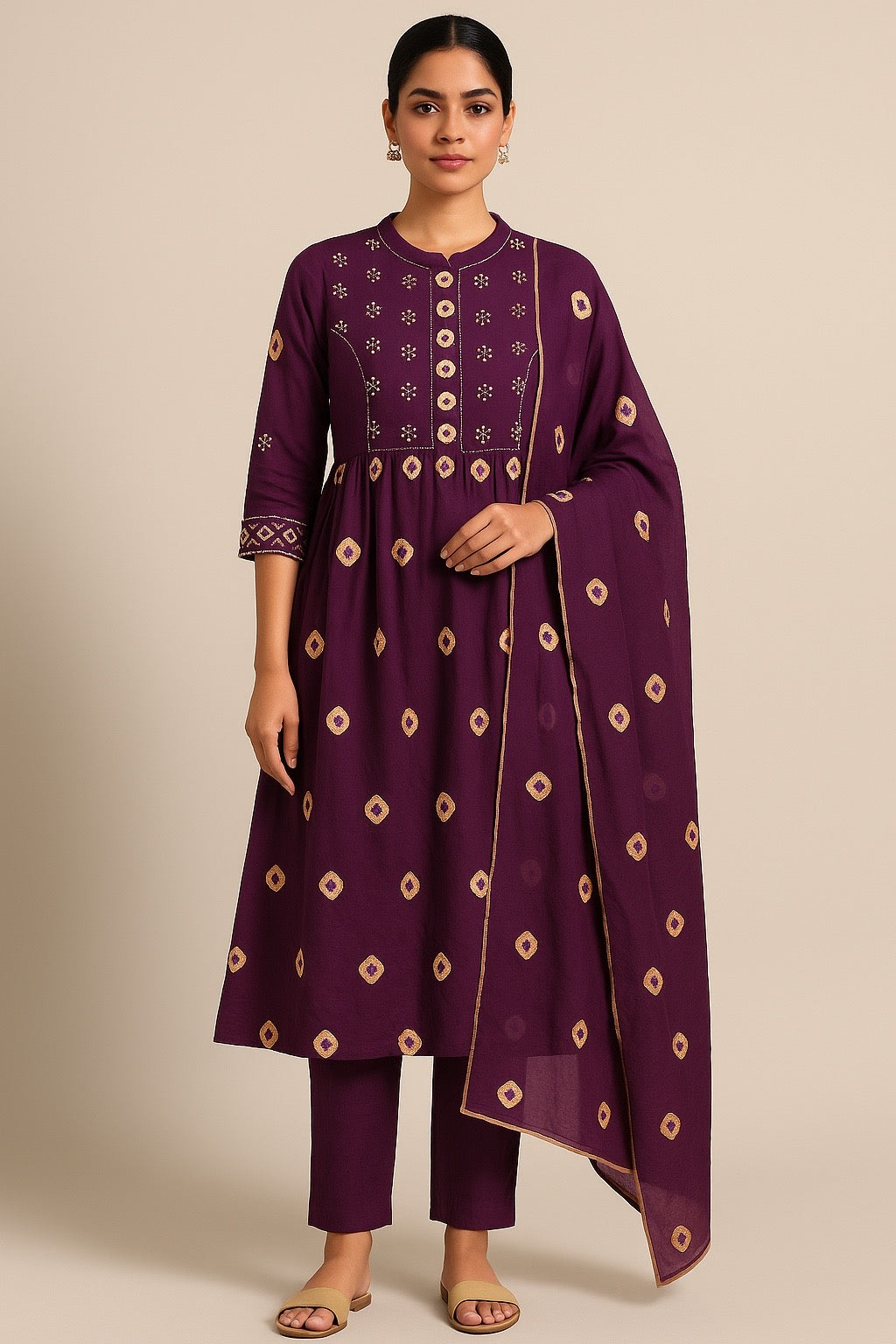 Woman wearing a purple traditional outfit with gold patterns on a beige background