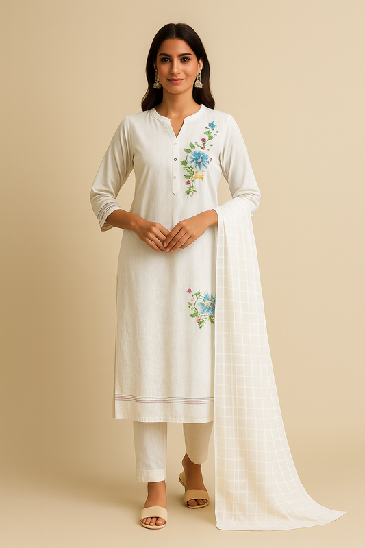Woman wearing a white embroidered outfit with a beige background