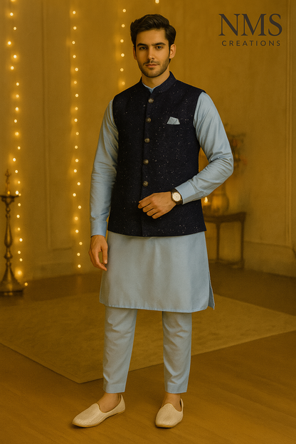 Royal Blue Koti Kurta Set with Embroidered Nehru Jacket | Code: 1787
