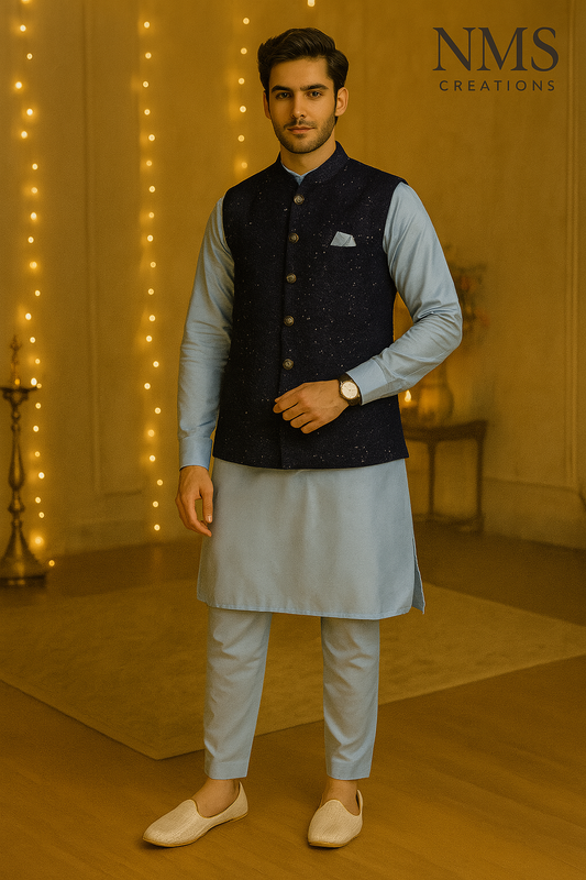 Royal Blue Koti Kurta Set with Embroidered Nehru Jacket | Code: 1787