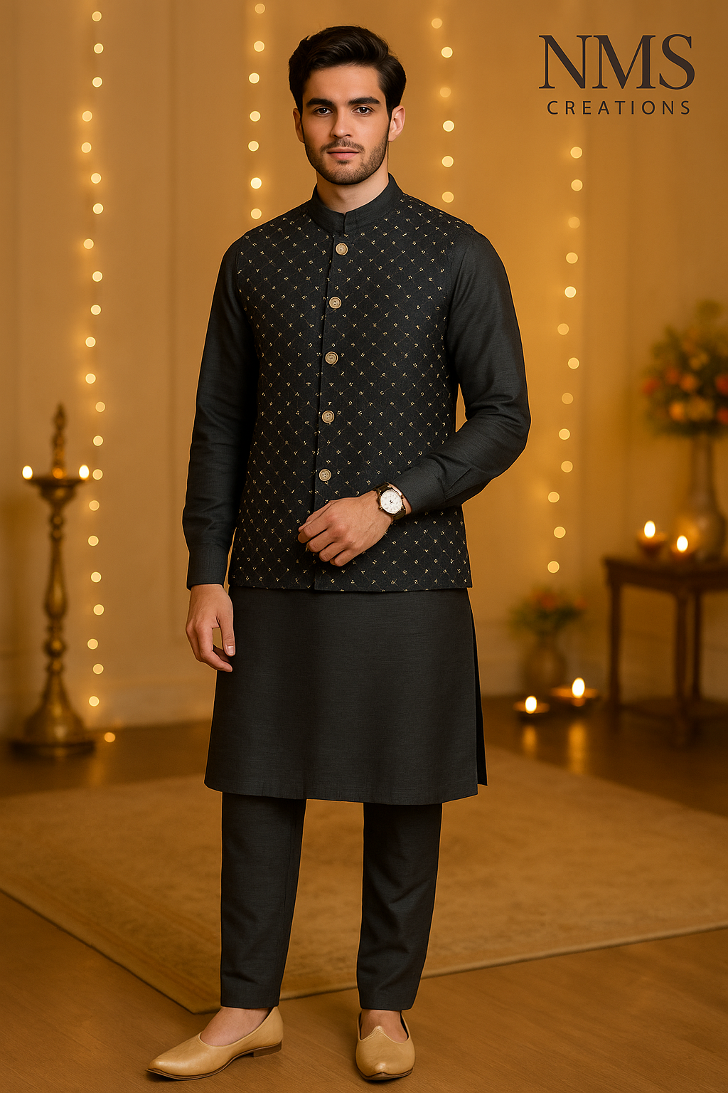 Royal Gray Nehru Jacket Set with Gold Thread Detailing | Code: 1196