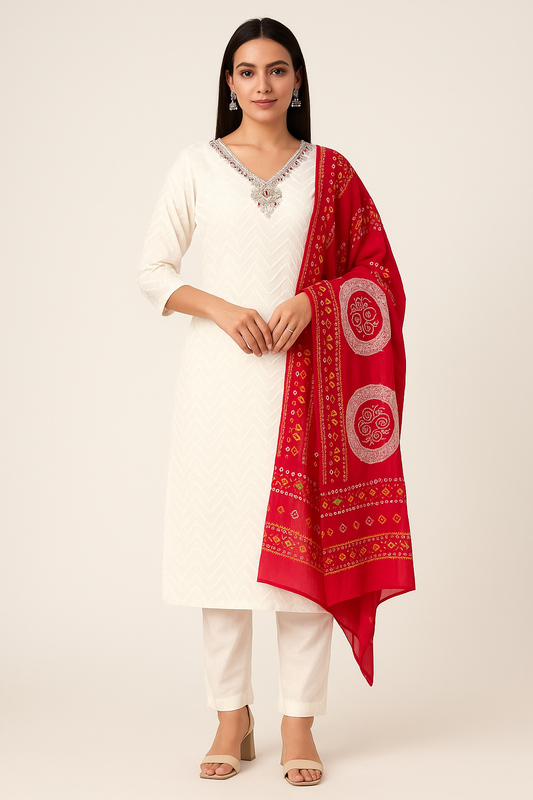 Woman wearing a white kurta with a red dupatta featuring intricate patterns on a white background