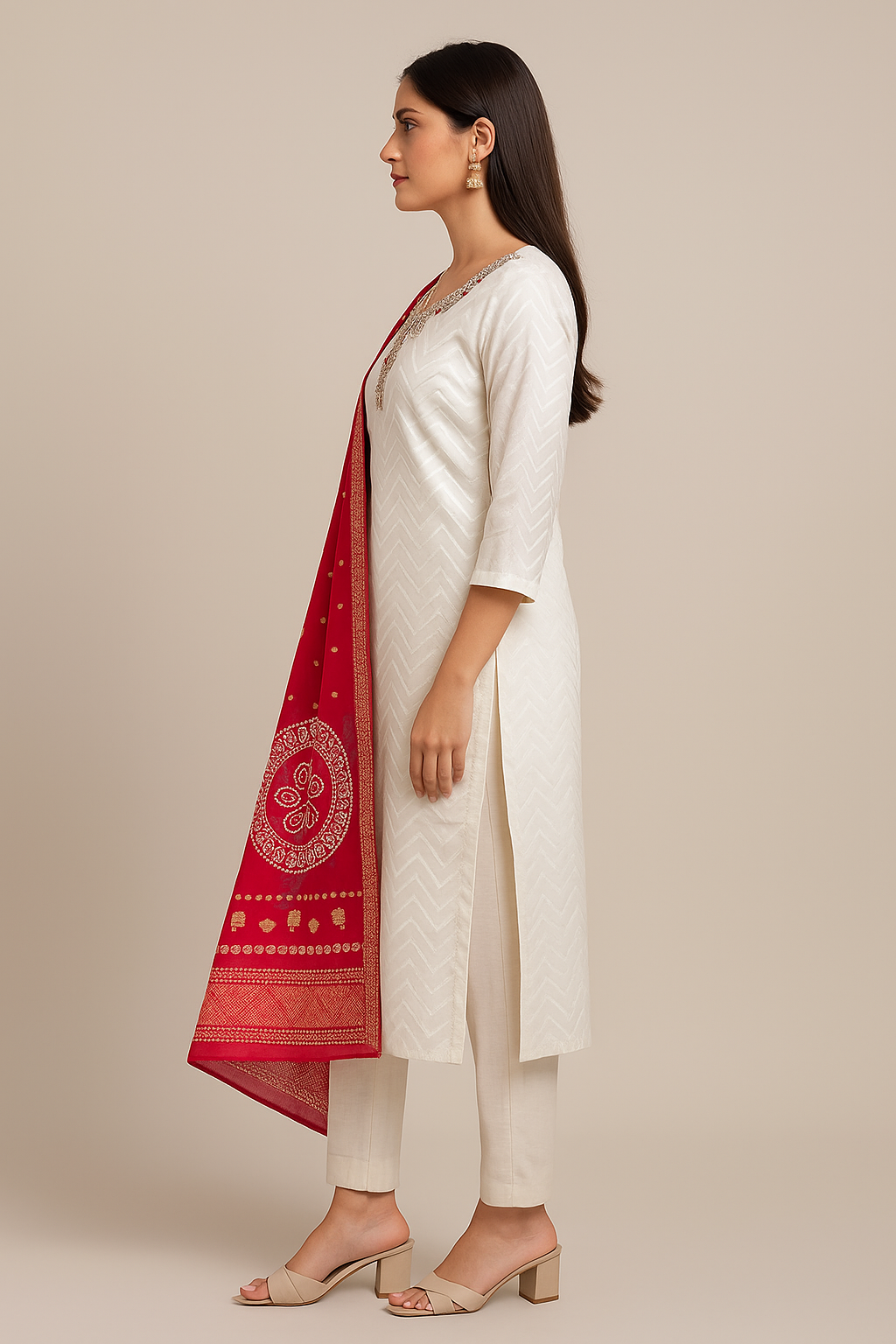 Woman wearing a white kurta with a red dupatta on a beige background