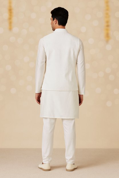 Royal White Nehru Jacket Set with Gold Thread Detailing | Code: 1196