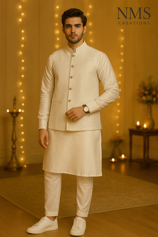 Royal White Nehru Jacket Set with Gold Thread Detailing | Code: 1196