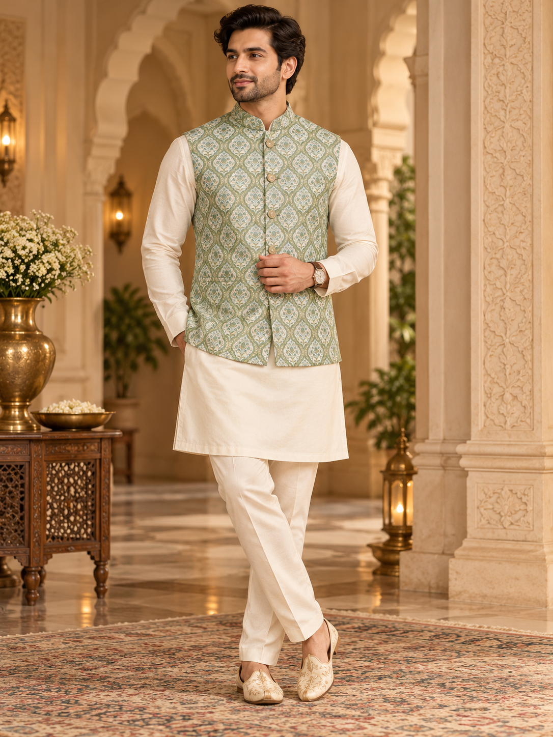 Royal Sage Green Floral Brocade-Style Nehru Jacket