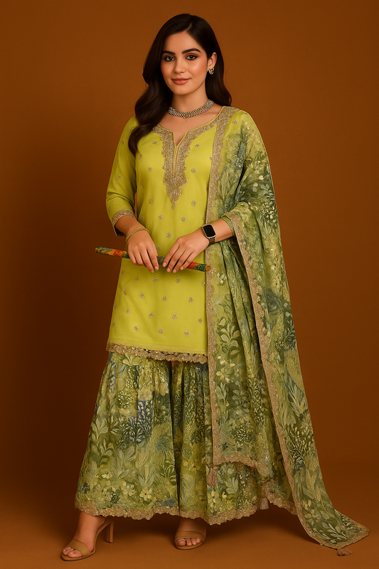 Pista Green Embroidered Sharara Set