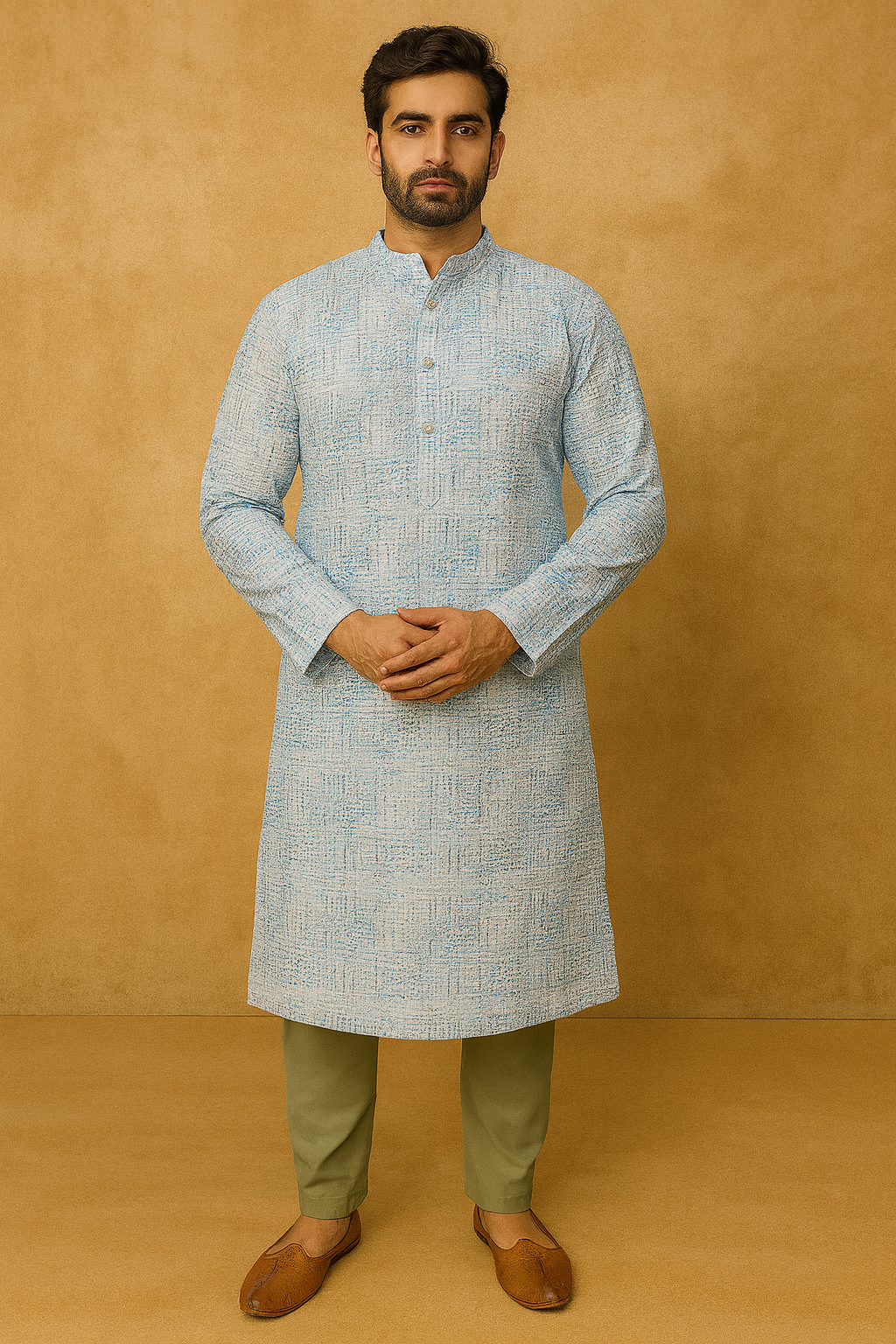Man wearing a light blue kurta with green pants against a beige background