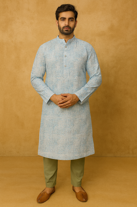 Man wearing a light blue kurta with green pants against a beige background
