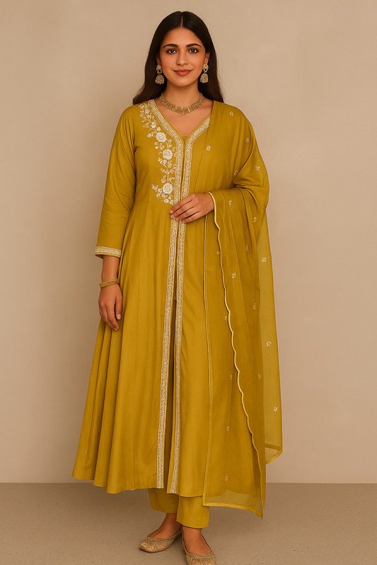 Mustard Yelllow Embroidered Anarkali Set (Code: NMS3828)