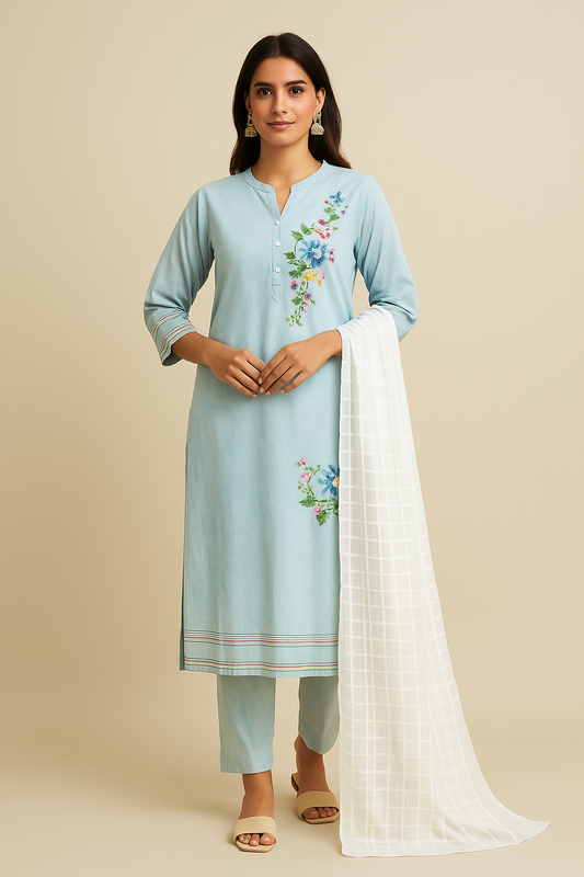 Serene Blue Cotton Blend Embroidered Kurta Set with Pant & Dupatta – Festive Collection