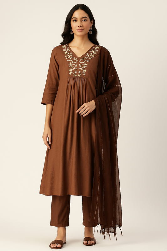 Cocoa Bloom Embroidered A-Line Suit Set With Dupatta