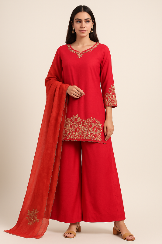 Red Embroidered Kurta Palazzo Set with Dupatta