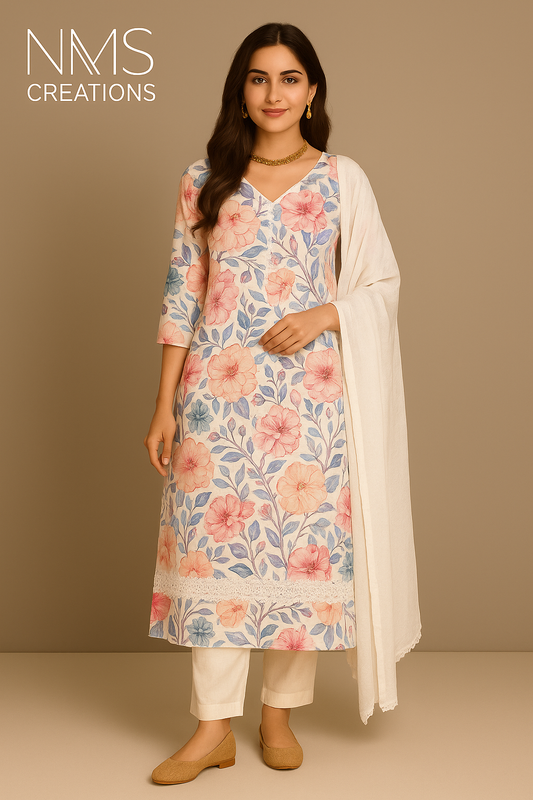 Woman wearing a floral kurta with a plain white dupatta on a beige background, branded 'NMS Creations'.
