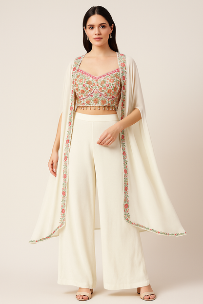 Embroidered Indo-Western Jacket Set – Ivory Cream