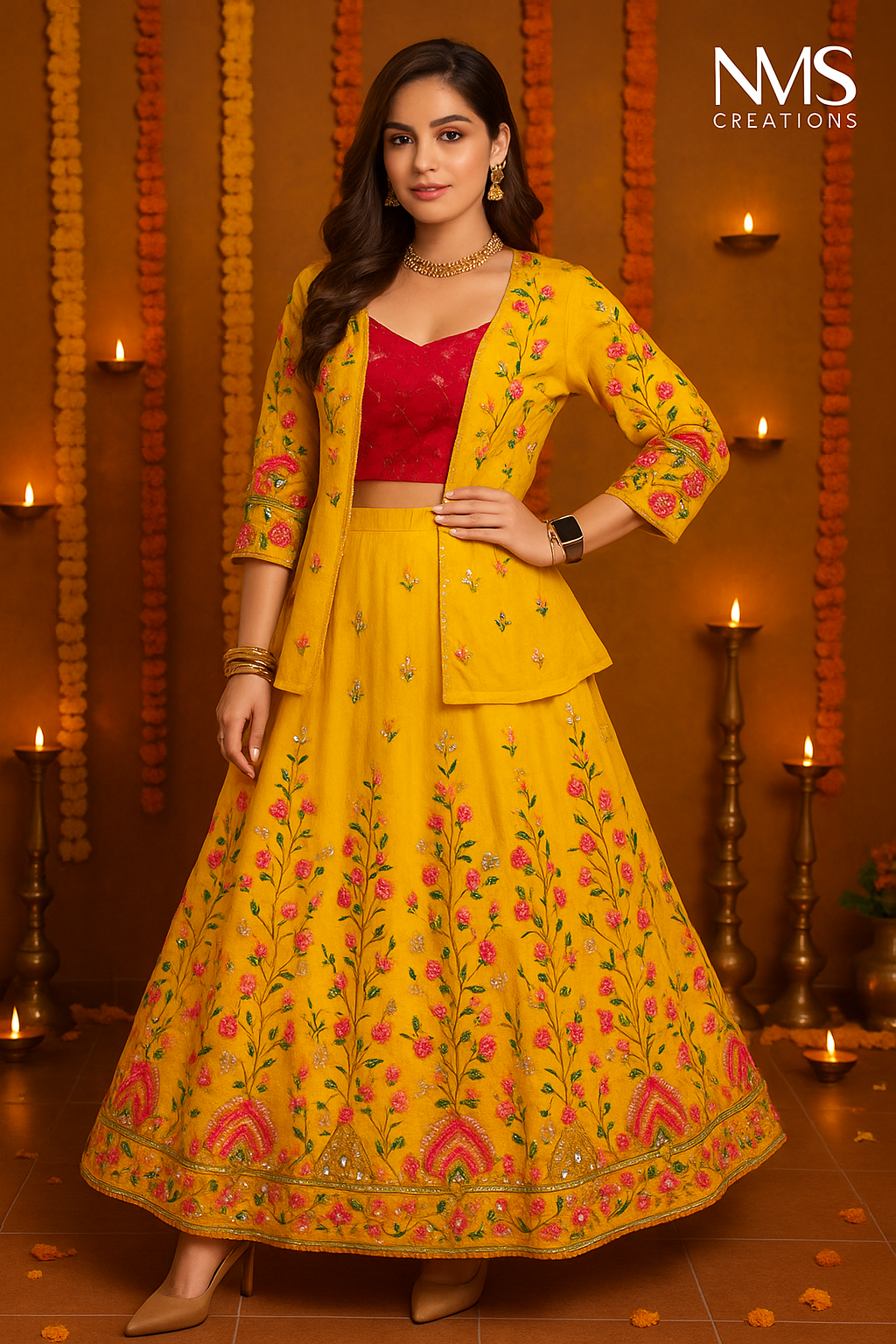 Mustard & Red Embroidered Lehenga Set