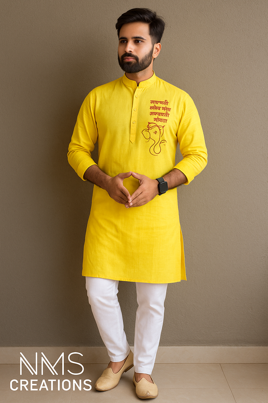 Man wearing a yellow kurta with white pants against a plain background, with 'NMS Creations' branding.