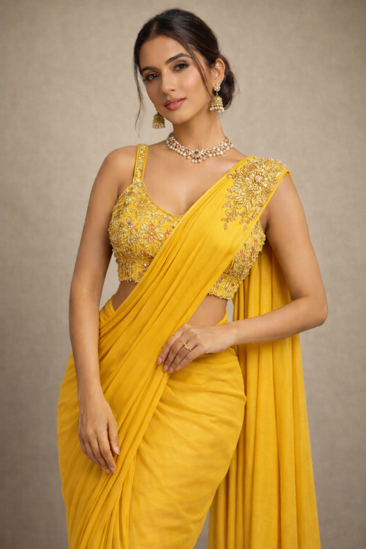 Woman wearing a yellow saree with intricate designs on a beige background