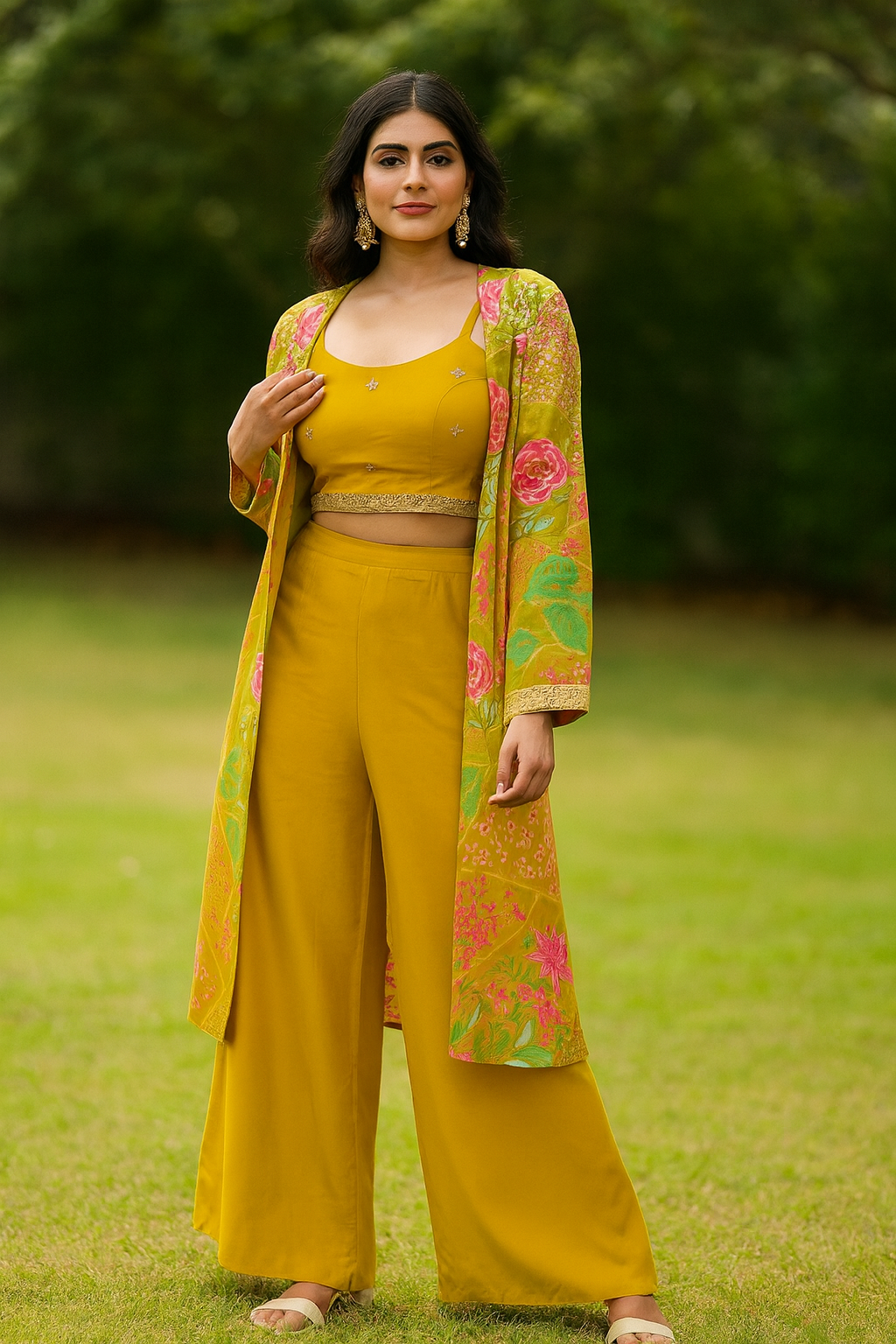 Mustard Bloom Indo-Western Three-Piece Set