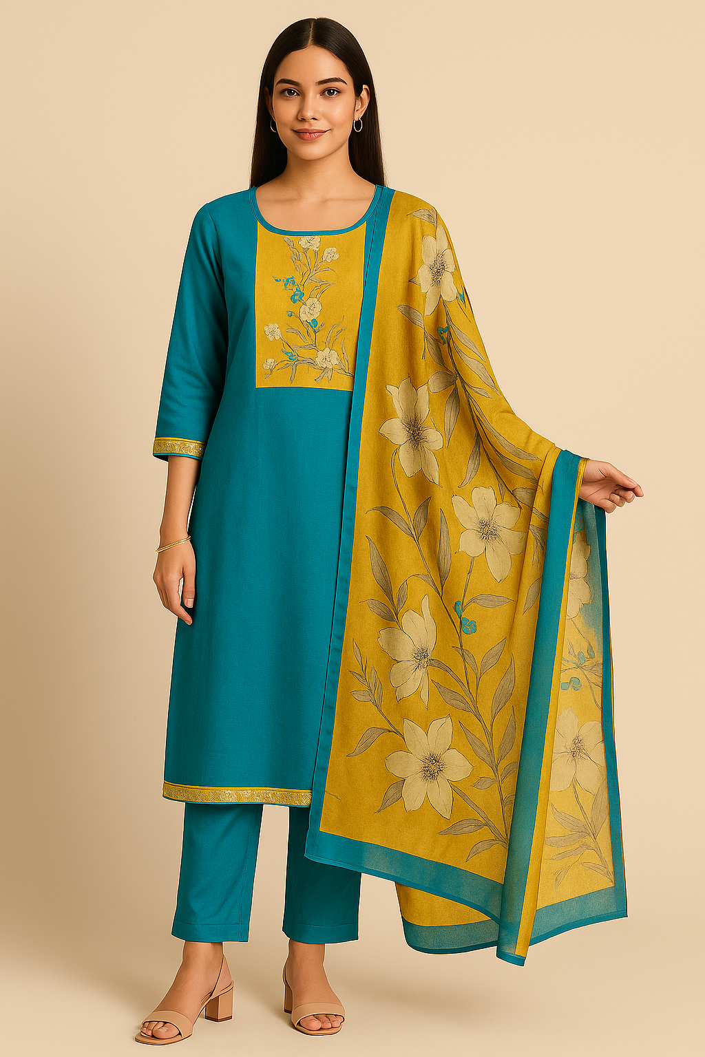 Woman wearing a teal kurta with floral patterns, paired with a yellow dupatta on a beige background