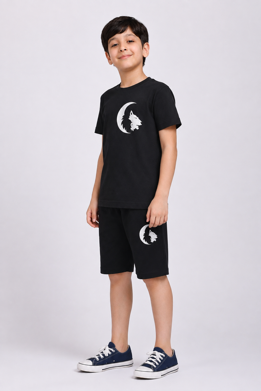 Boys black wolf print short night suit alternate view